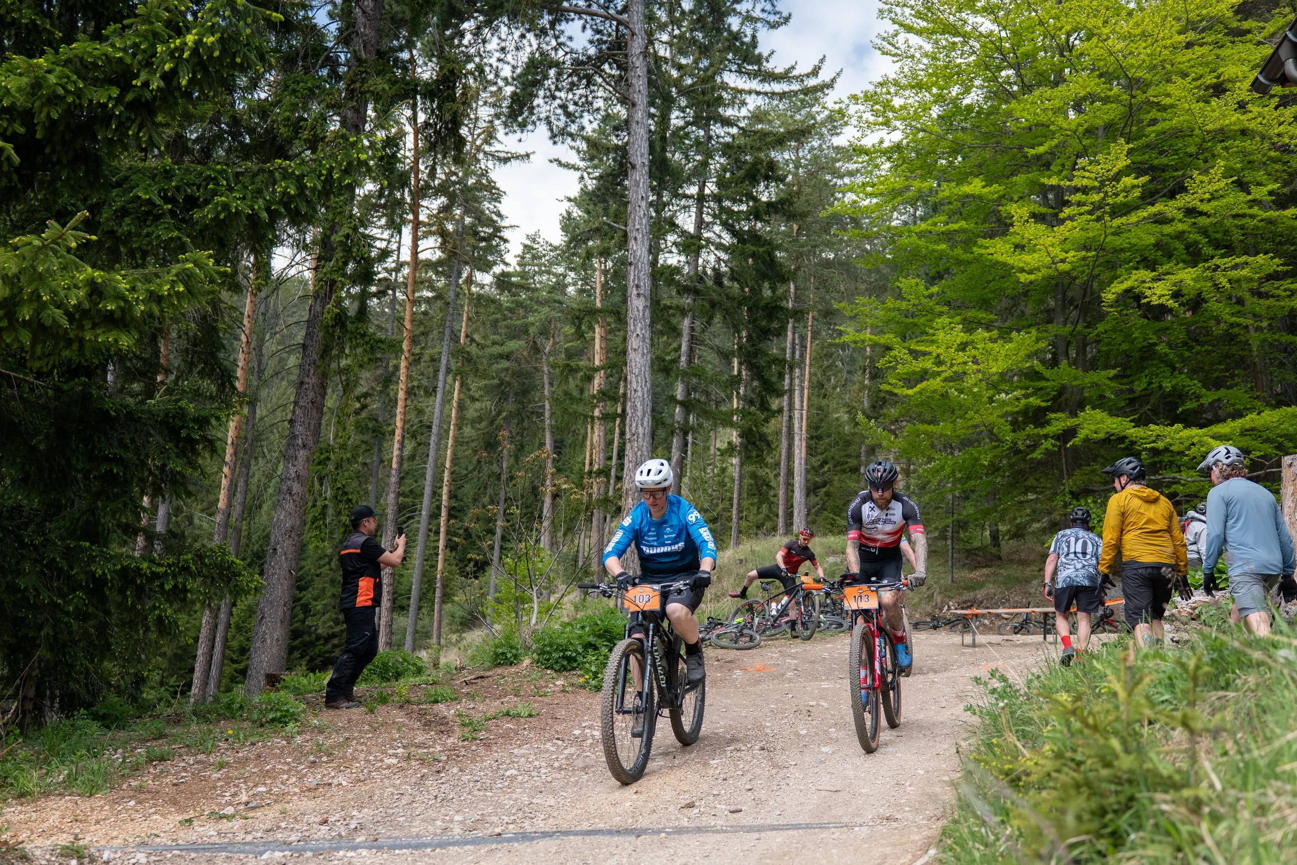 Fahrer kommen den breiten Forstweg im Wald herunter, am Rand ein Streckenposten mit oranger Weste