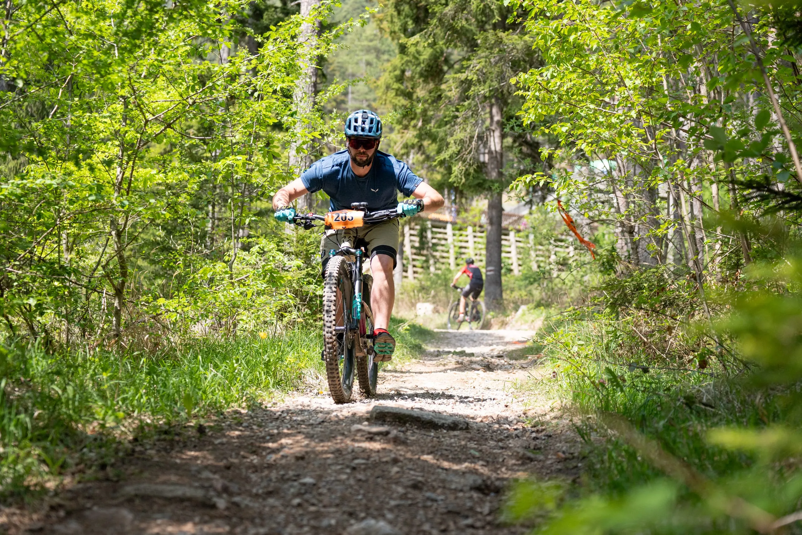 Singletrail im hellgrünen Buchenwald: Fahrer rollen über Steine und Wurzeln auf die Kamera zu