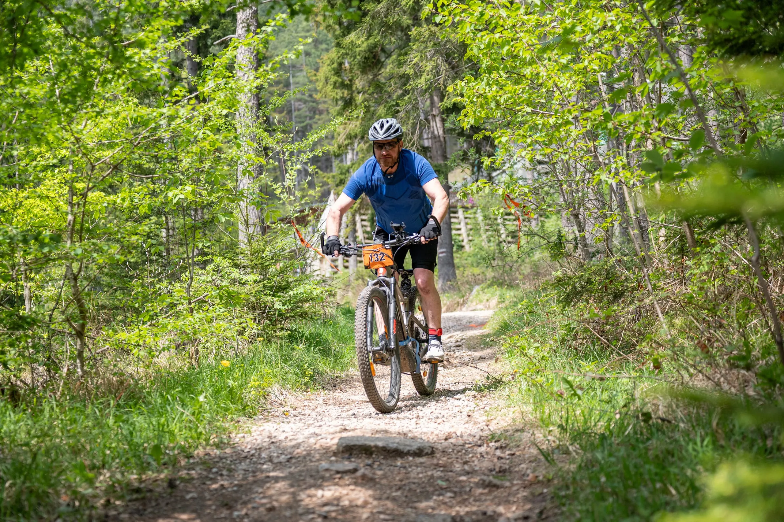 Singletrail im hellgrünen Buchenwald: Fahrer rollen über Steine und Wurzeln auf die Kamera zu
